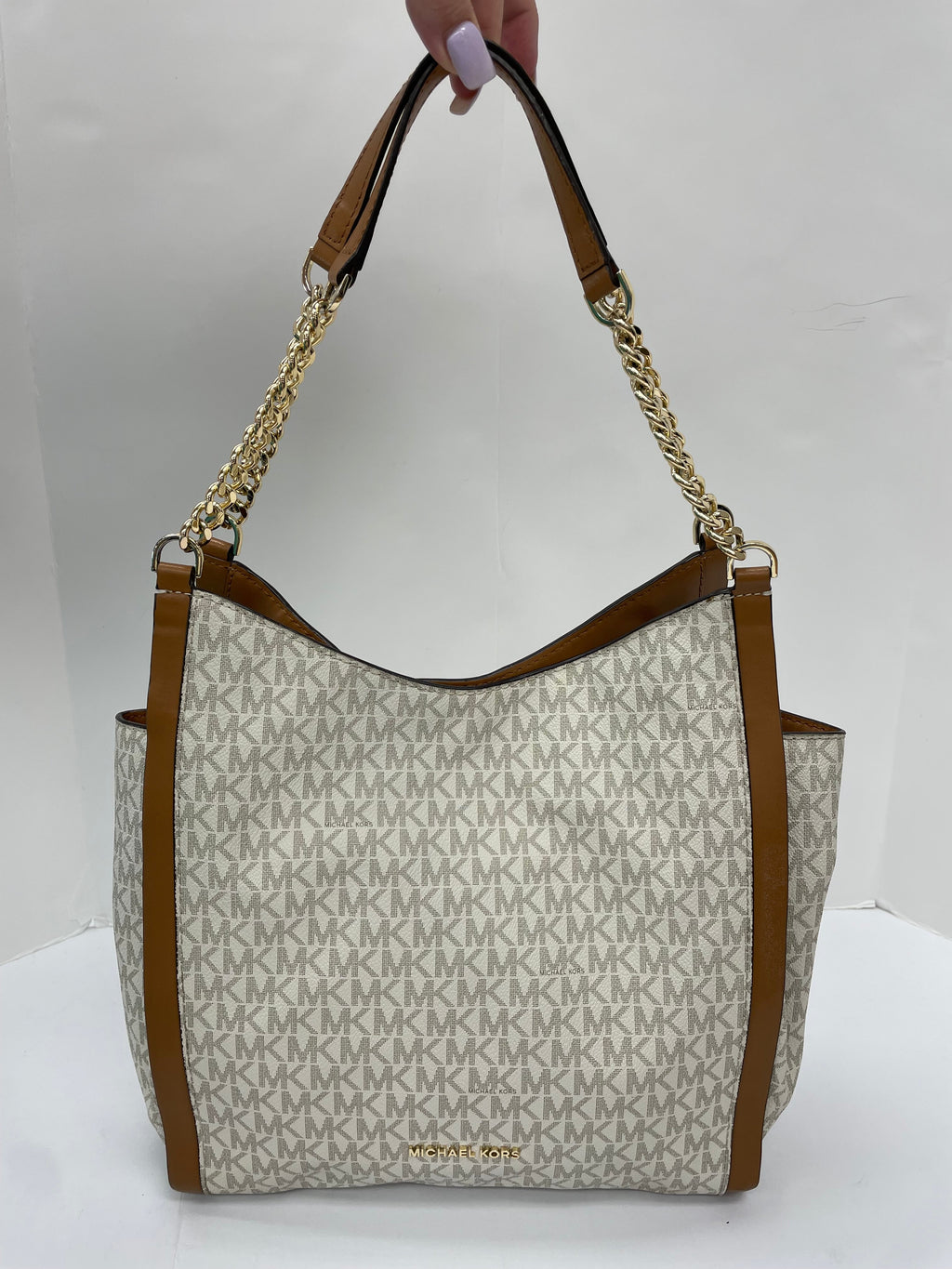 Handbag Designer By Michael Kors In Tan & White, Size:Large
