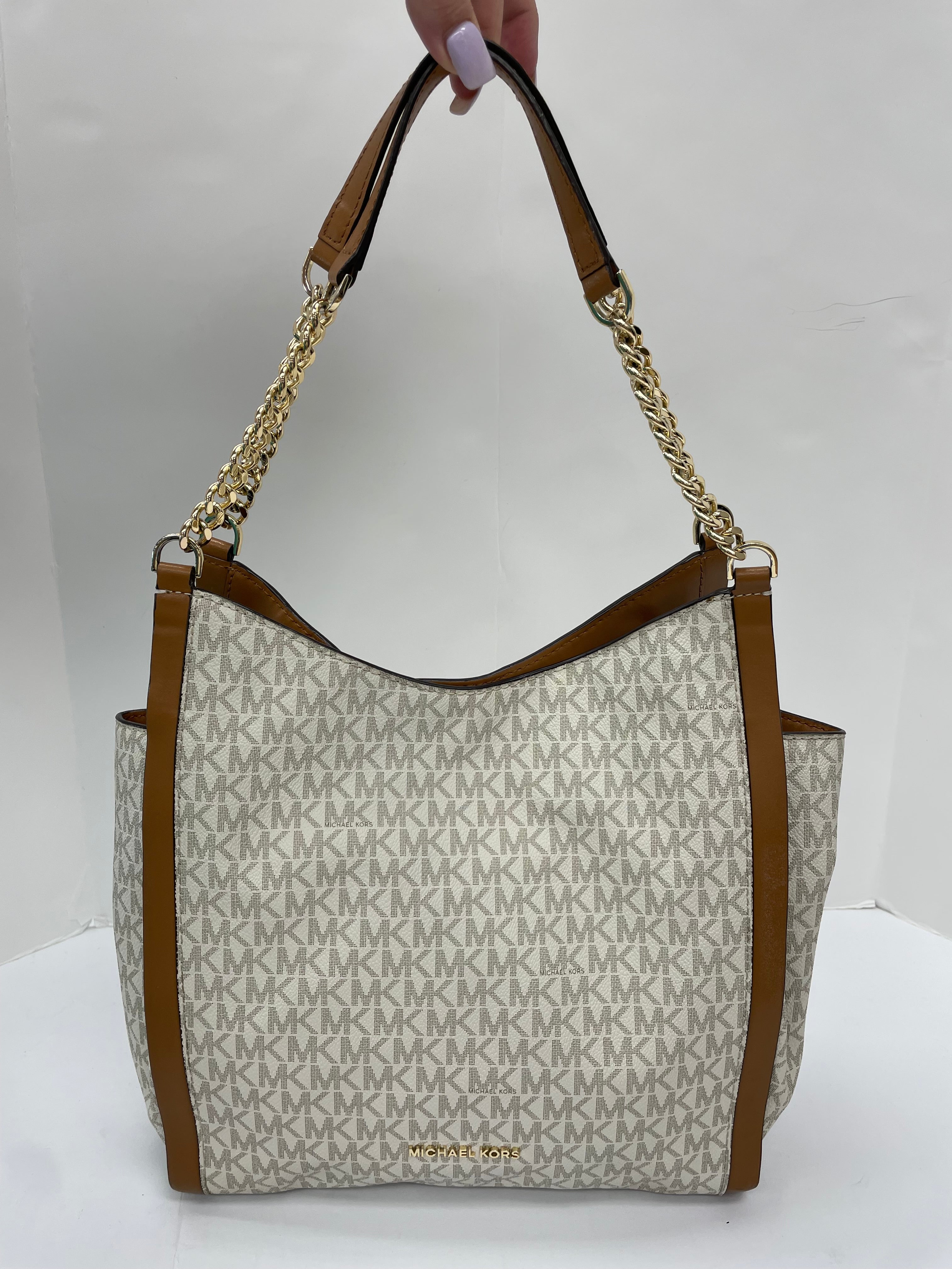 Handbag Designer By Michael Kors In Tan & White, Size:Large