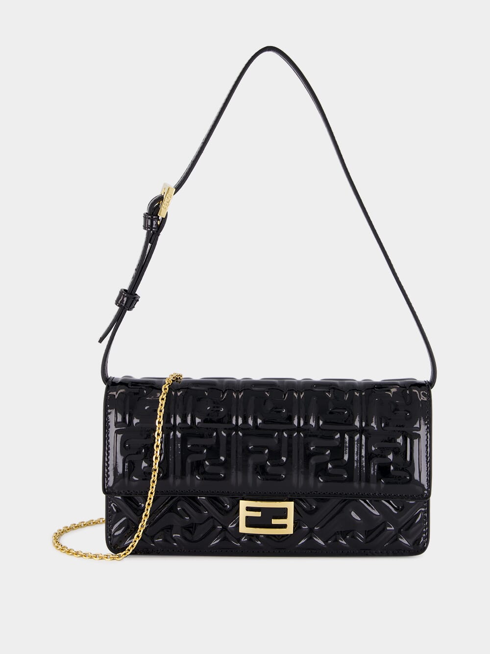 Black Patent Leather FF Wallet on Chain