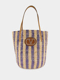 Natural and Blue Striped Raffia Shopping Bag