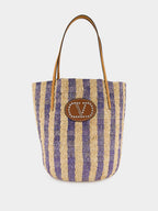 Natural and Blue Striped Raffia Shopping Bag