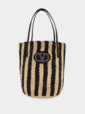 Natural and Black Striped Raffia Shopping Bag