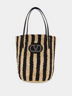 Natural and Black Striped Raffia Shopping Bag