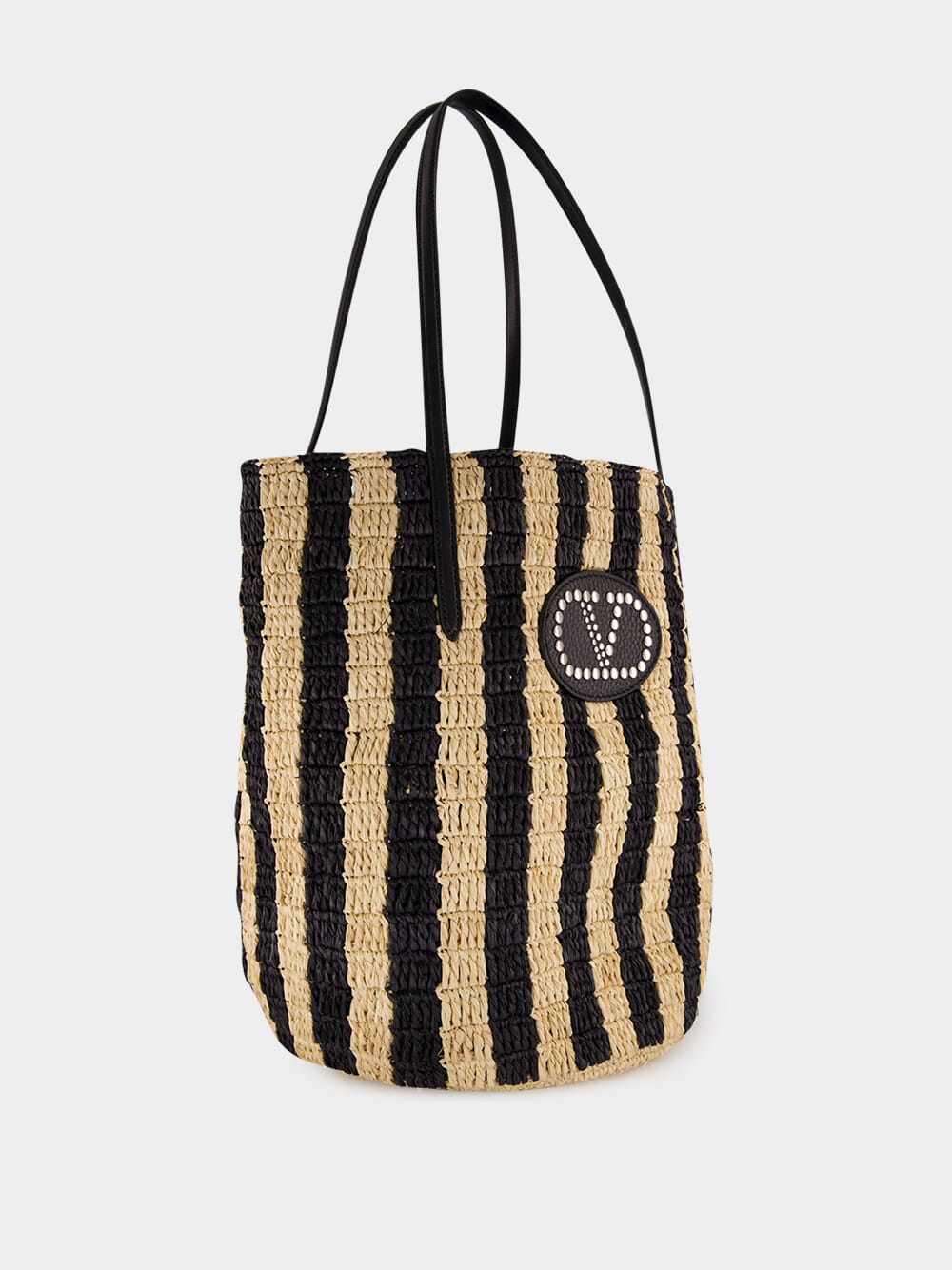 Natural and Black Striped Raffia Shopping Bag