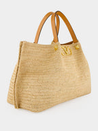 Natural and Saddle Brown Medium Straw Tote