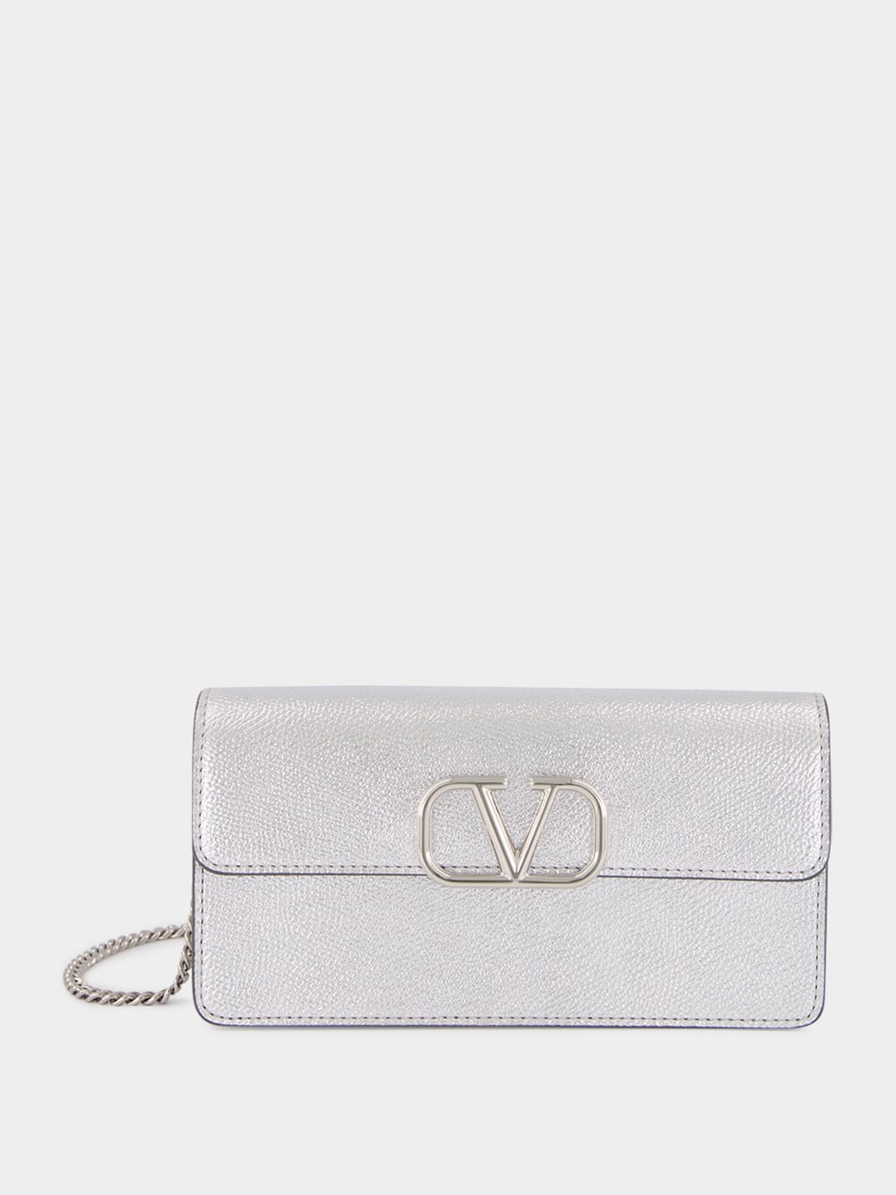 Silver Calfskin Clutch with Chain Strap
