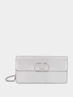 Silver Calfskin Clutch with Chain Strap