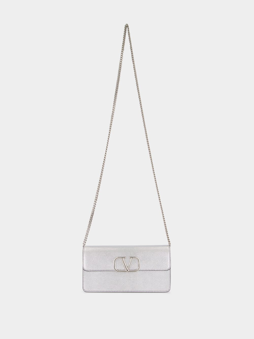 Silver Calfskin Clutch with Chain Strap