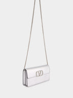 Silver Calfskin Clutch with Chain Strap