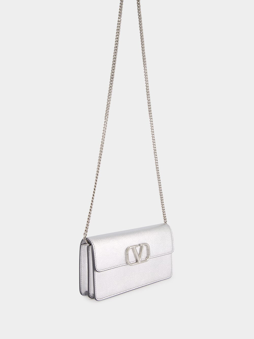Silver Calfskin Clutch with Chain Strap