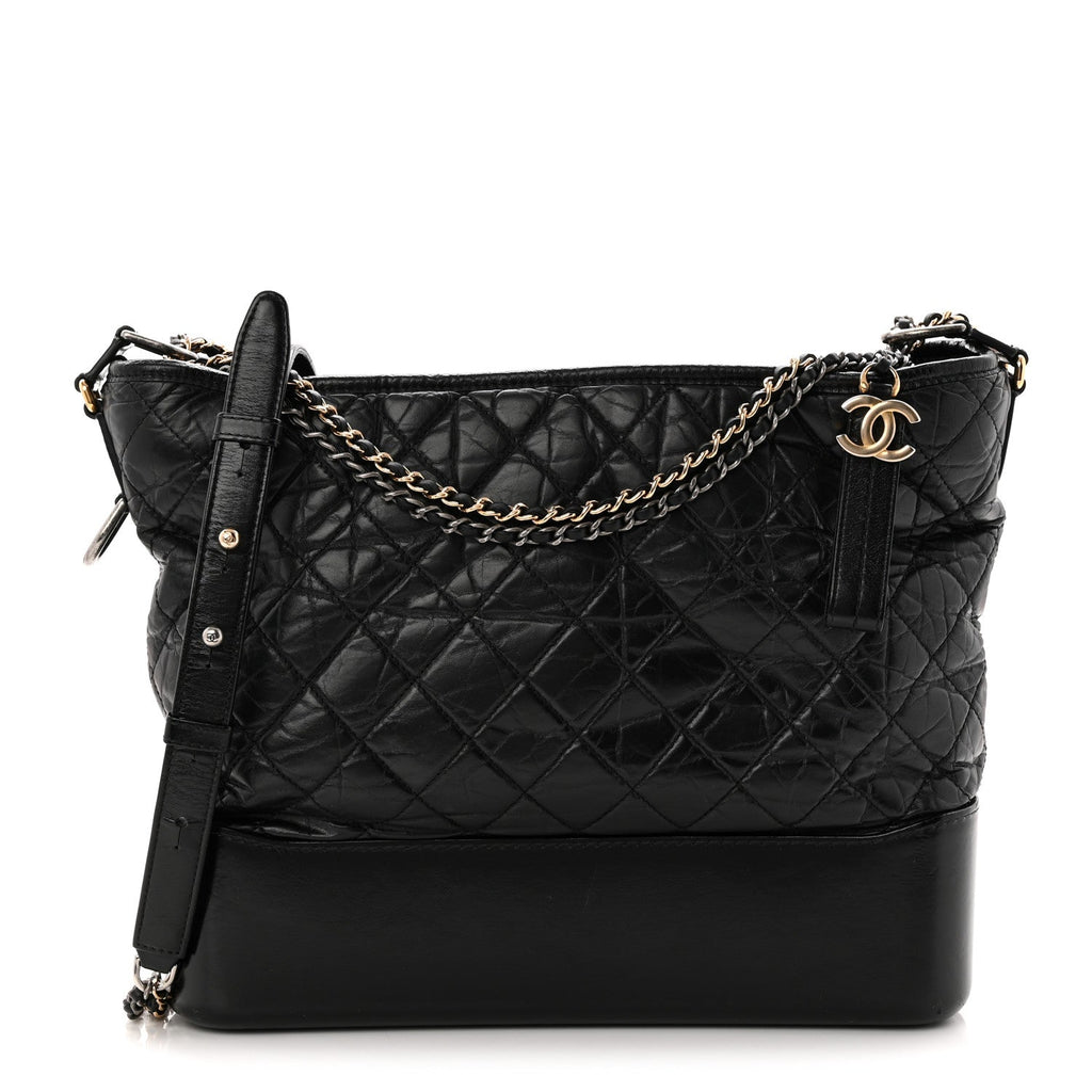 Aged Calfskin Quilted Large Gabrielle Hobo Black