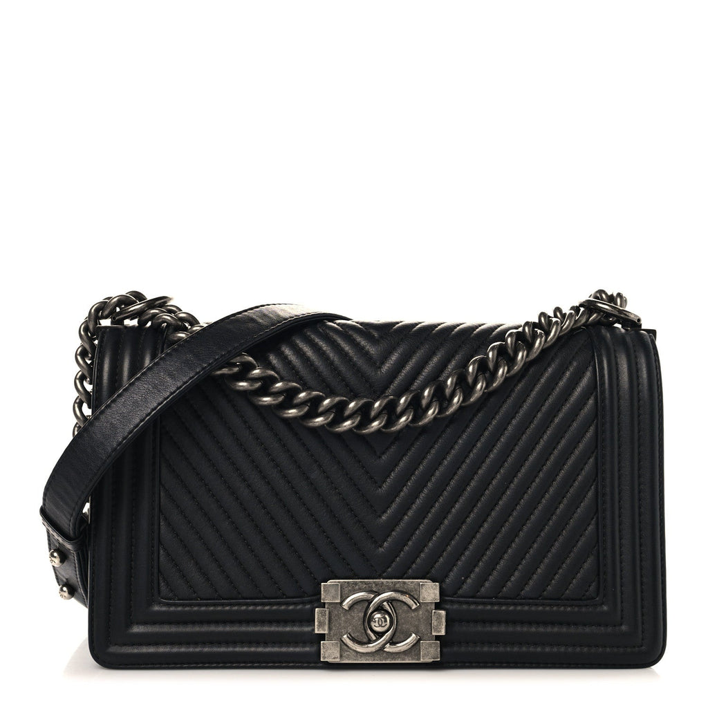 Calfskin Chevron Quilted Medium Chain Boy Flap Black