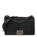 Calfskin Chevron Quilted Medium Chain Boy Flap Black