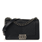 Calfskin Chevron Quilted Medium Chain Boy Flap Black