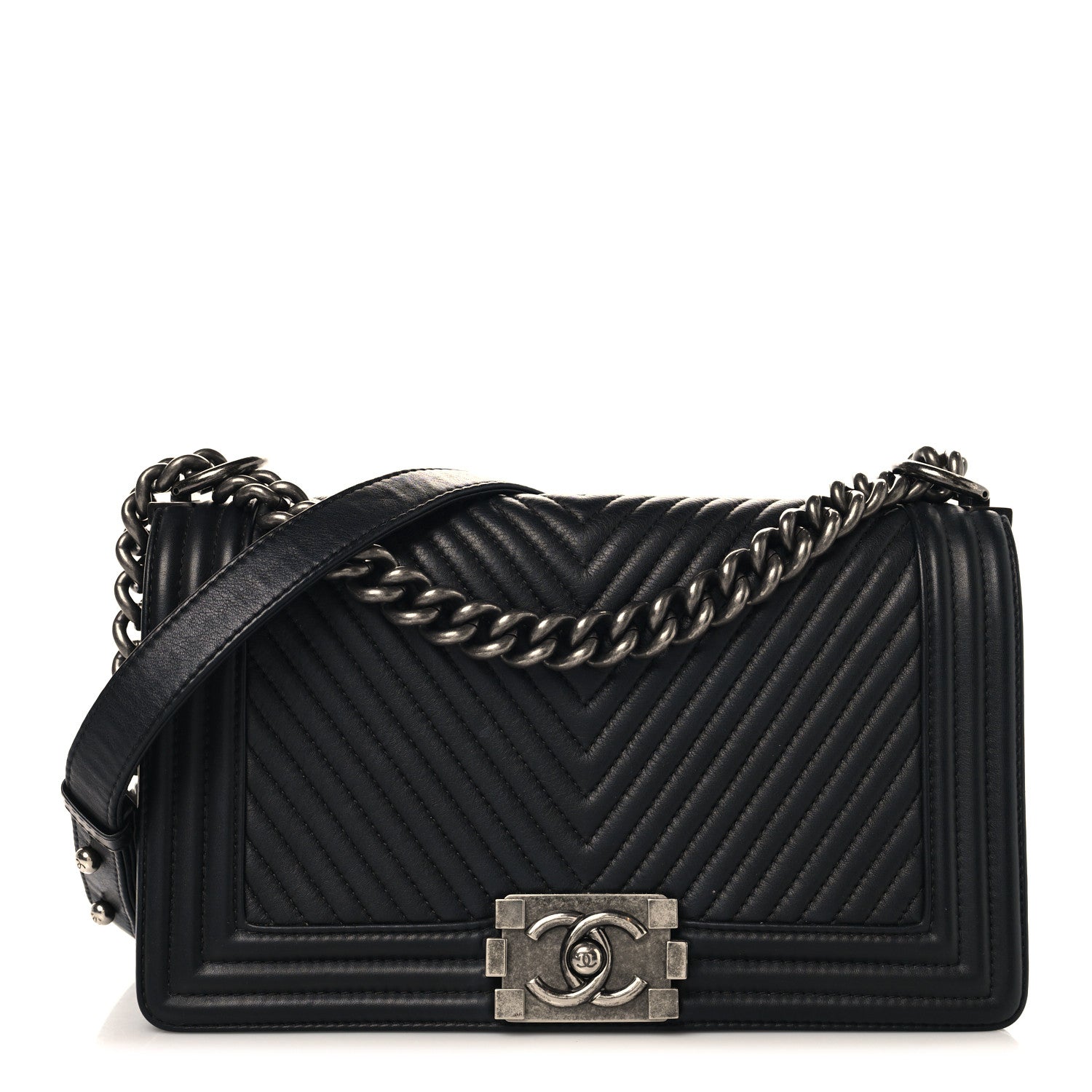 Calfskin Chevron Quilted Medium Chain Boy Flap Black