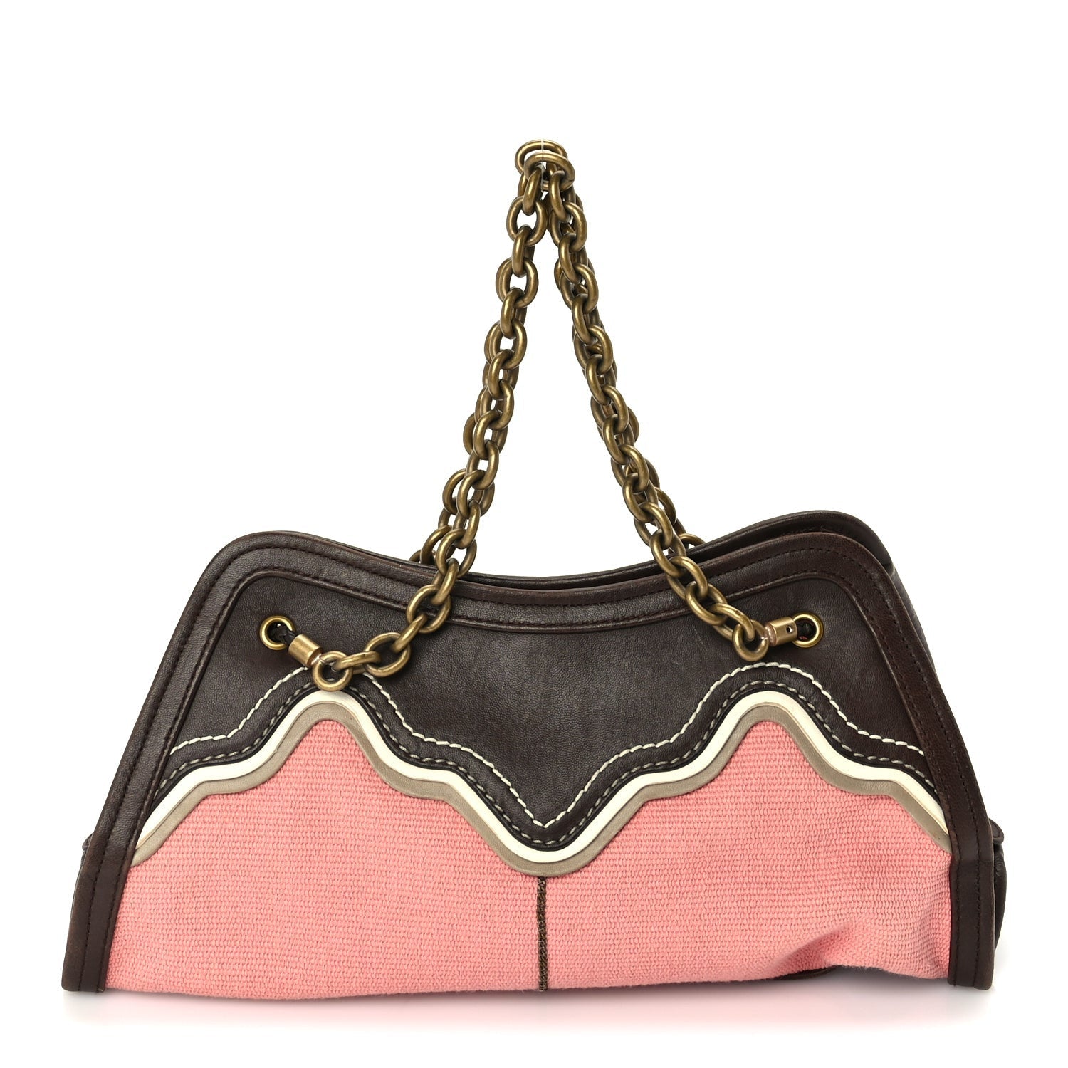 Canvas Calfskin Trimmed Shoulder Bag  Pink Brown