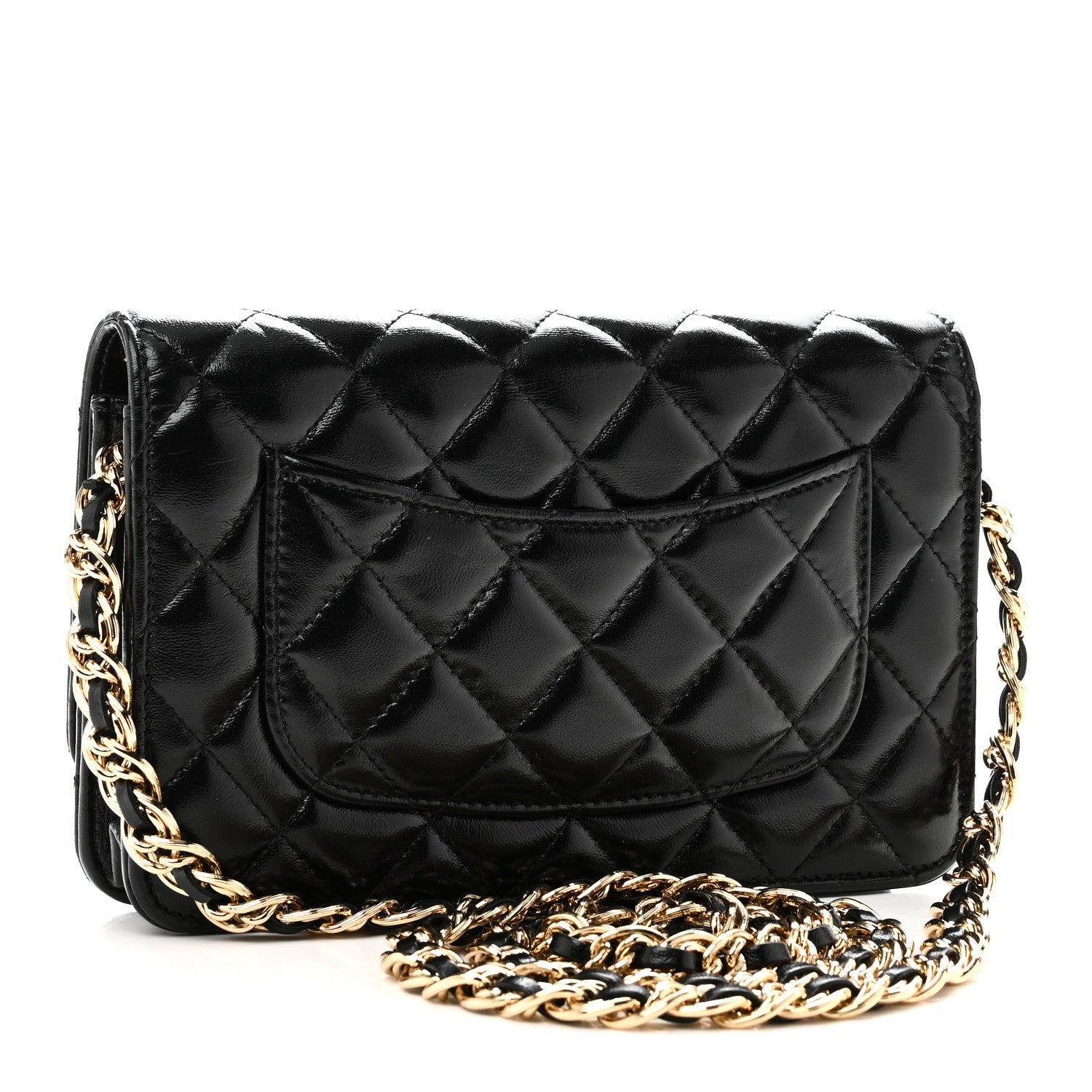 Shiny Lambskin Quilted Golden Links Wallet On Chain WOC Black