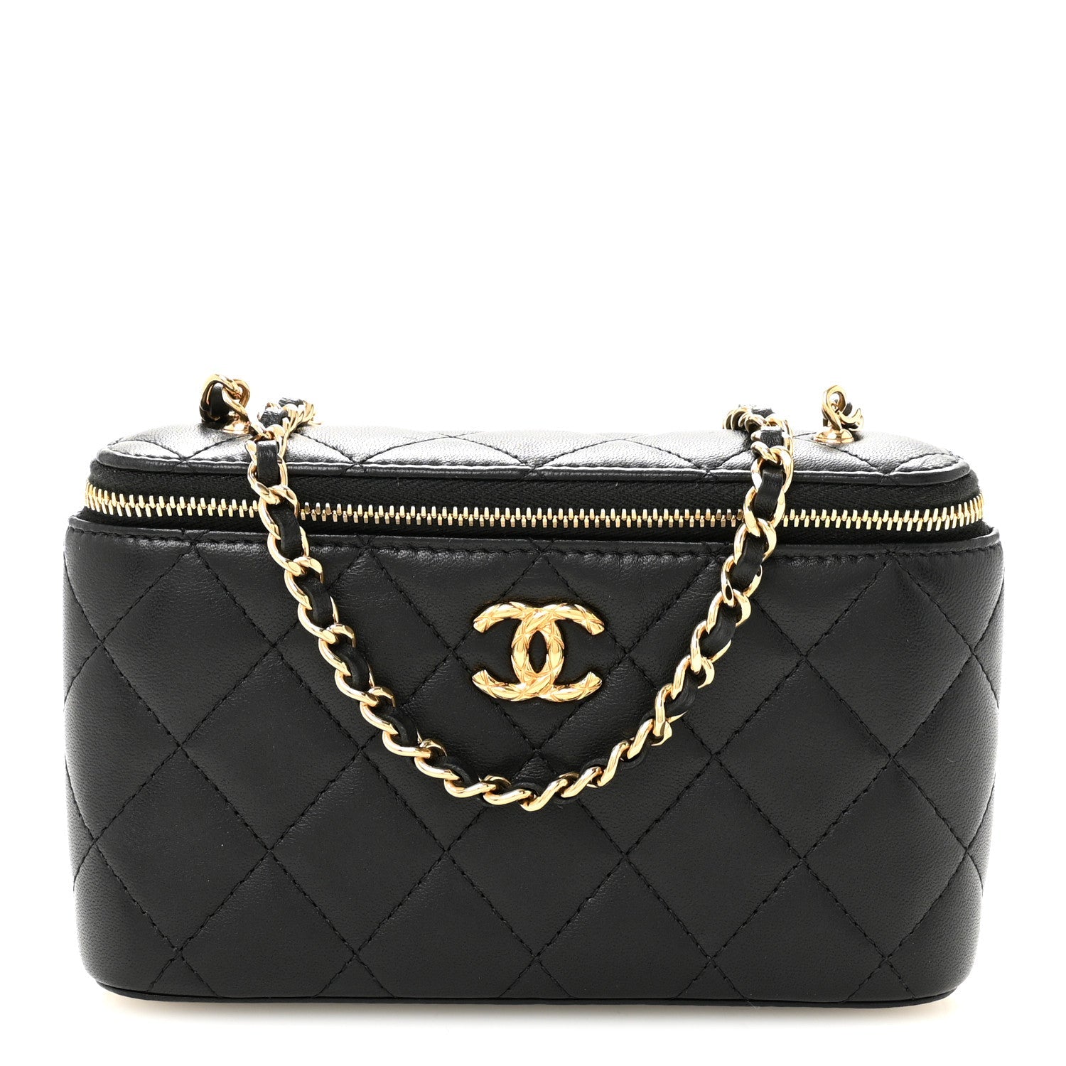 Lambskin Quilted Resin Vanity Case With Chain Black