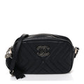 Calfskin Diagonal Chevron Quilted Tassel Camera Case Black