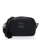 Calfskin Diagonal Chevron Quilted Tassel Camera Case Black