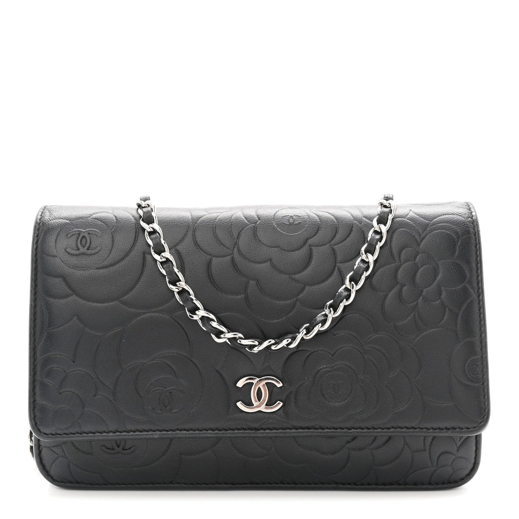 Lambskin Camellia Embossed Wallet On Chain WOC Black