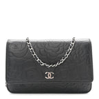 Lambskin Camellia Embossed Wallet On Chain WOC Black