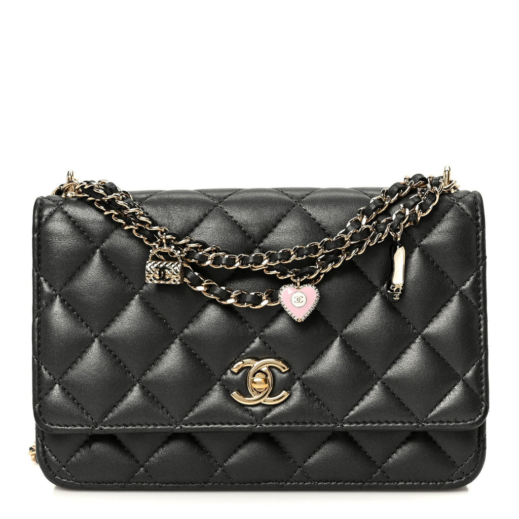 Pearly Lambskin Quilted Charms Wallet On Chain WOC Black