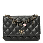 Pearly Lambskin Quilted Charms Wallet On Chain WOC Black