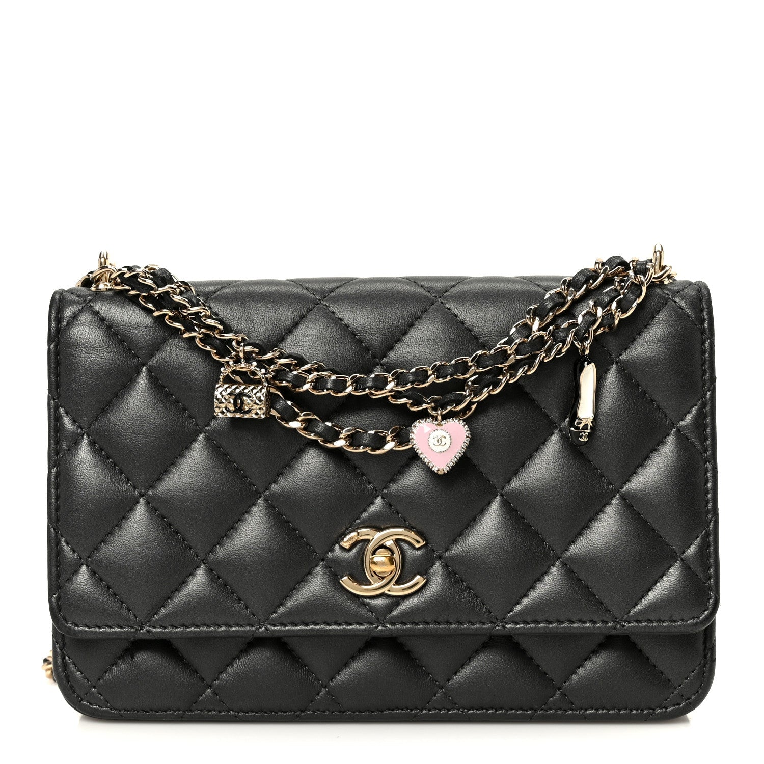 Pearly Lambskin Quilted Charms Wallet On Chain WOC Black