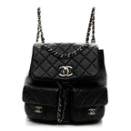 Shiny Caviar Quilted Medium Duma Pockets Drawstring Backpack Black