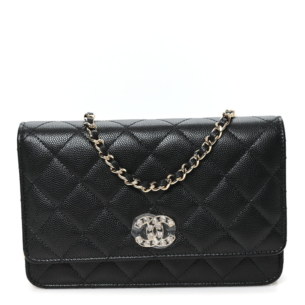 Caviar Quilted Crystal Heart CC Wallet On Chain WOC Black
