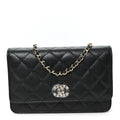 Caviar Quilted Crystal Heart CC Wallet On Chain WOC Black