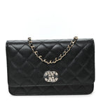 Caviar Quilted Crystal Heart CC Wallet On Chain WOC Black
