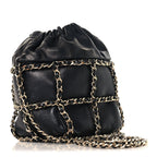 Lambskin Bucket Chain Drawstring Bag Black