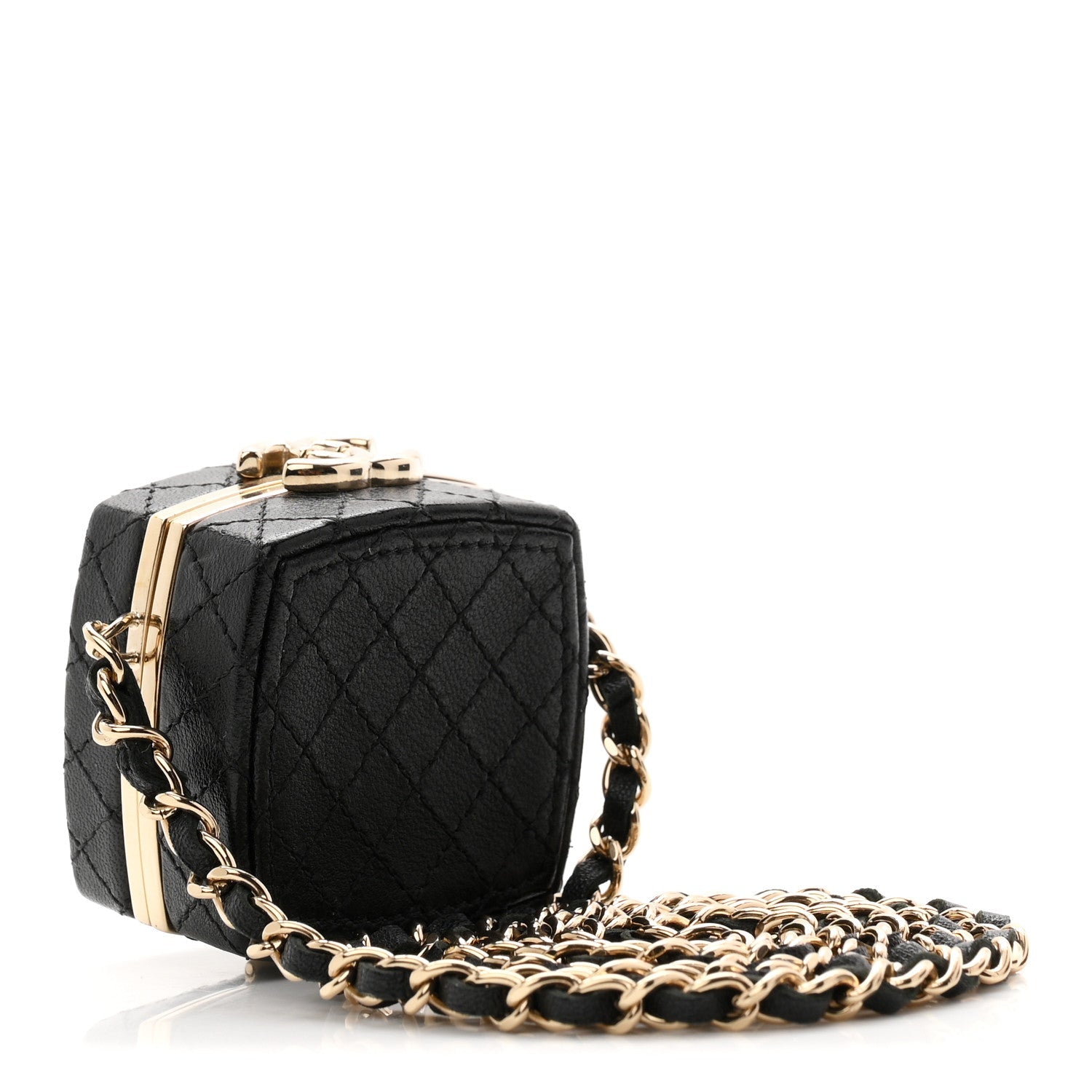 Lambskin Quilted Small Beauty Box Clutch With Chain Black
