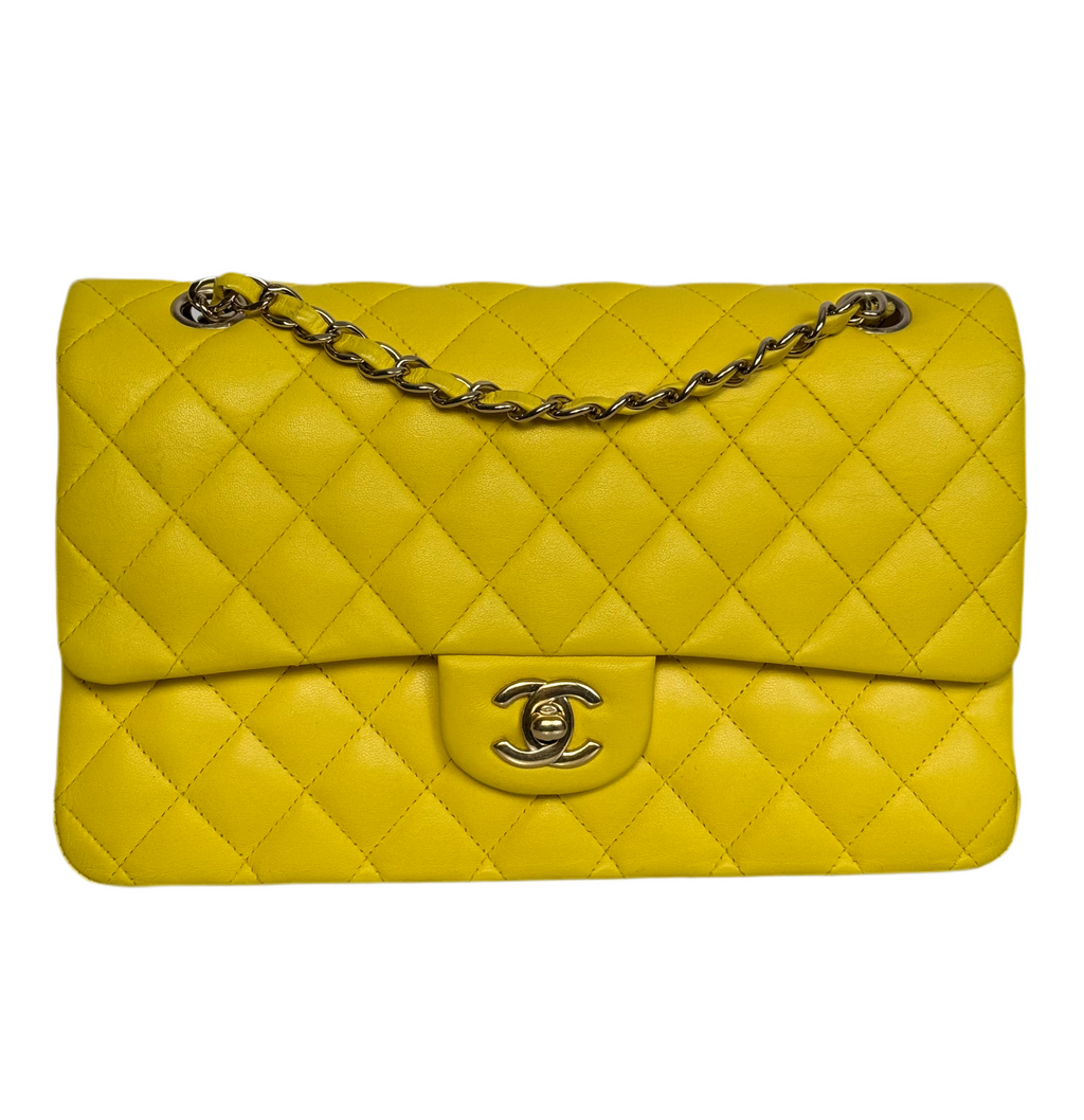 Chanel Yellow Classic Double Flap Bag Medium in Lambskin Leather with Silver Hardware