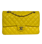 Chanel Yellow Classic Double Flap Bag Medium in Lambskin Leather with Silver Hardware