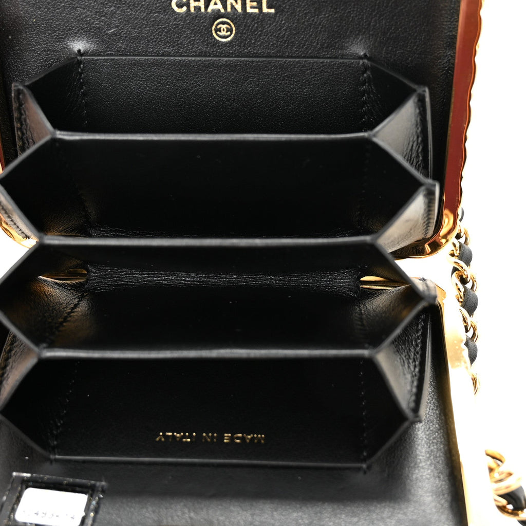 Glazed Goatskin Quilted Small Box With Chain Black