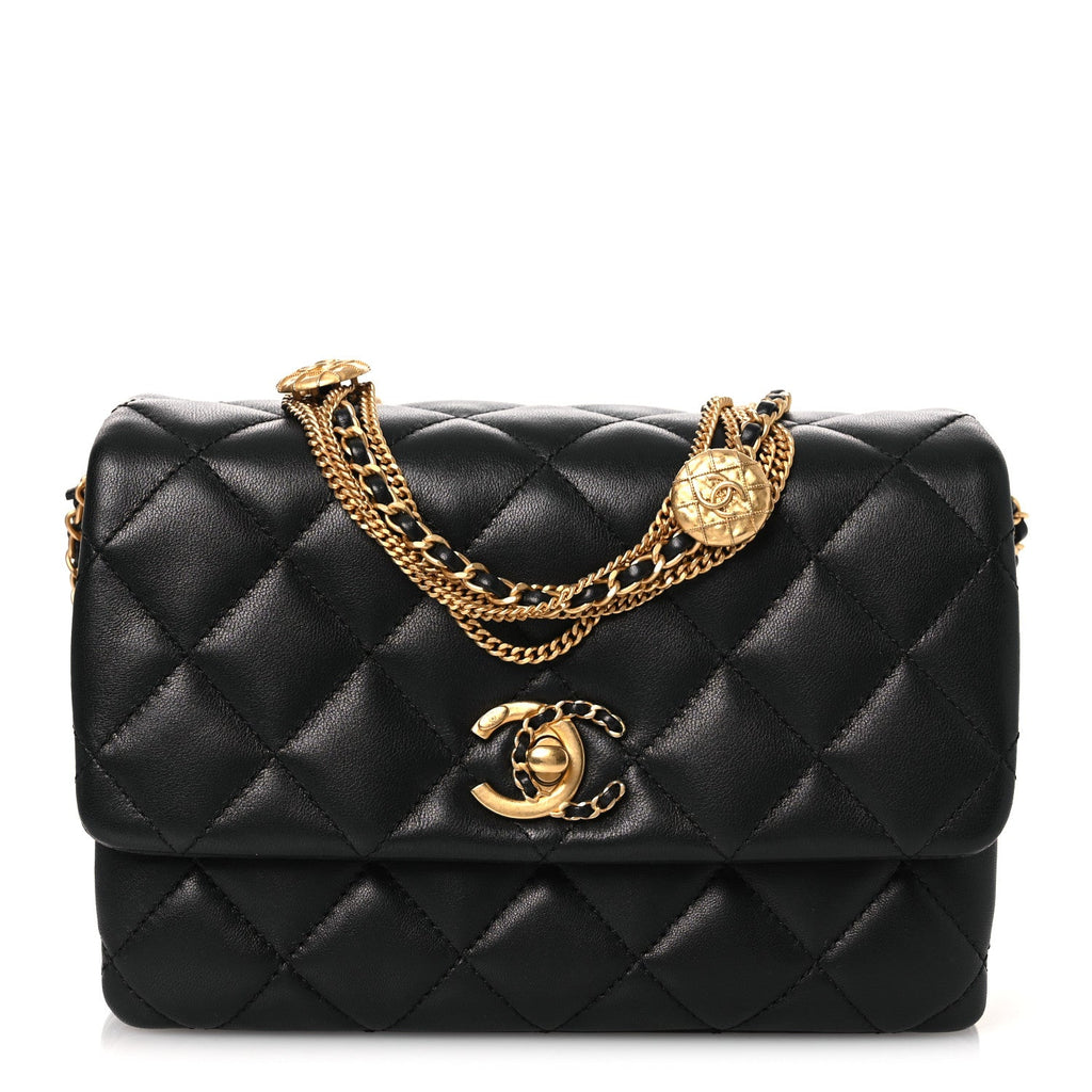 Lambskin Quilted Mini Medallion Multi Chain Flap Black