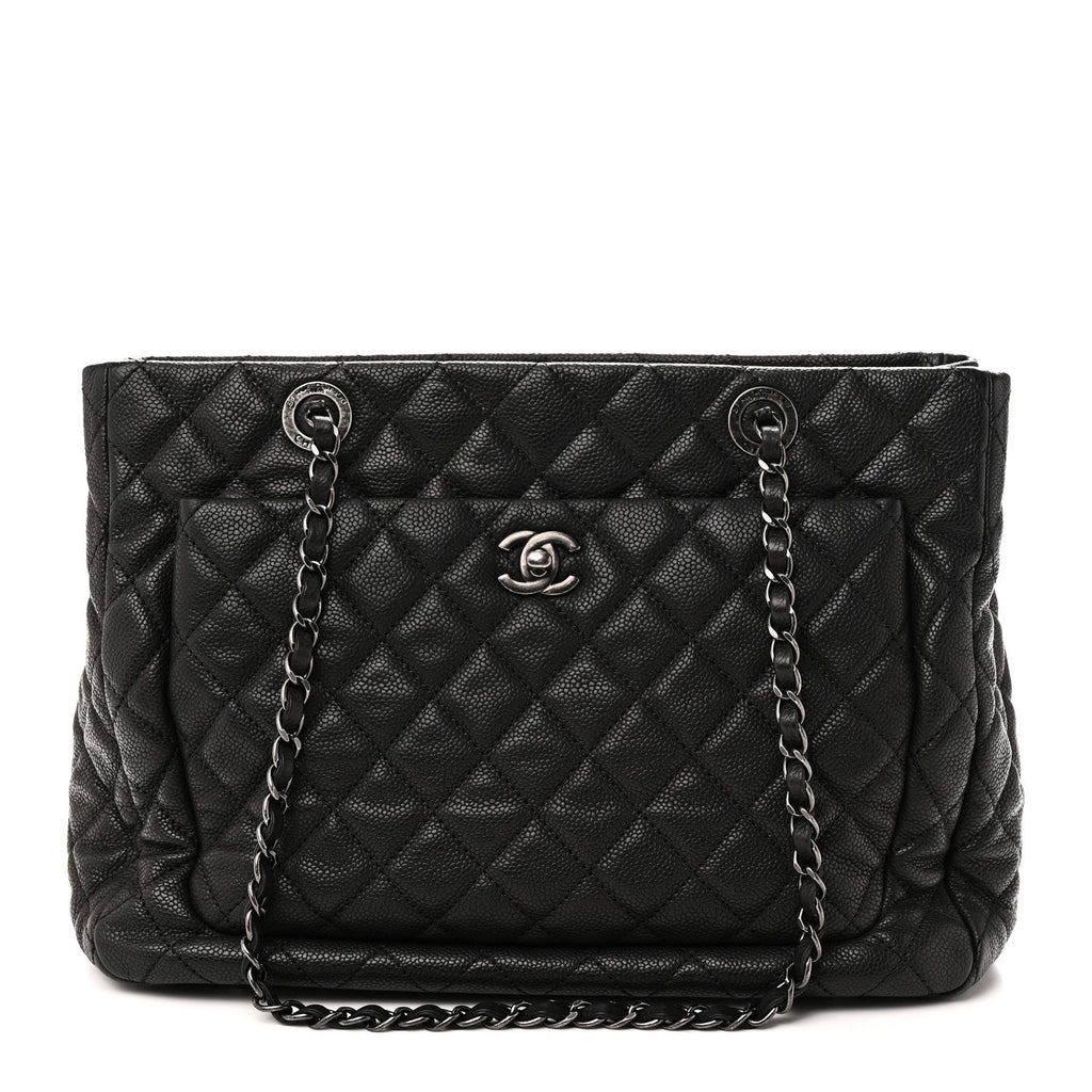 Caviar Quilted Shopping Tote Black