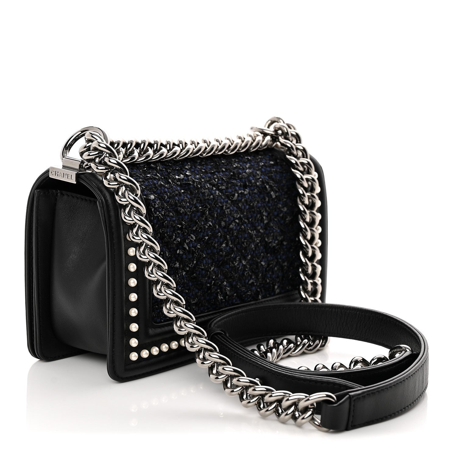 Calfskin Pearl Tweed Small Boy Flap Black