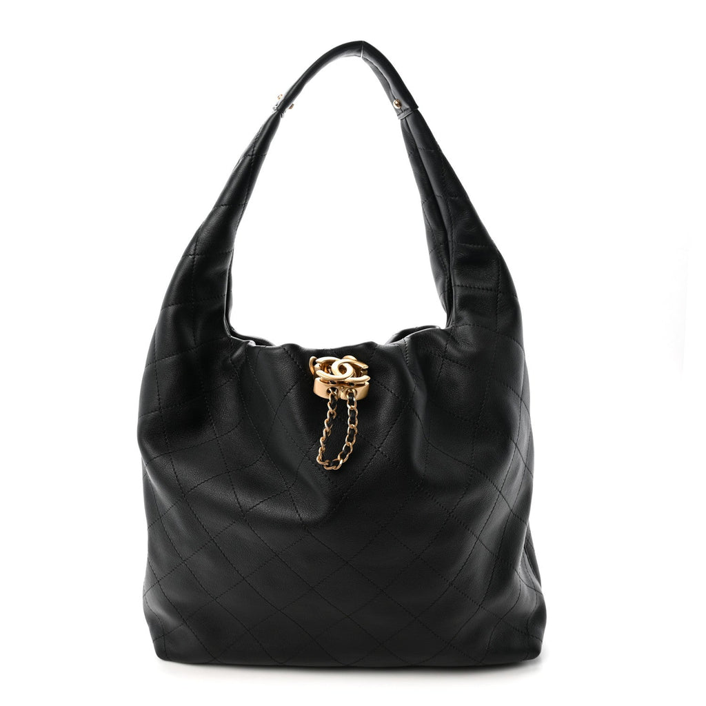 Calfskin Quilted Maxi Hobo Black