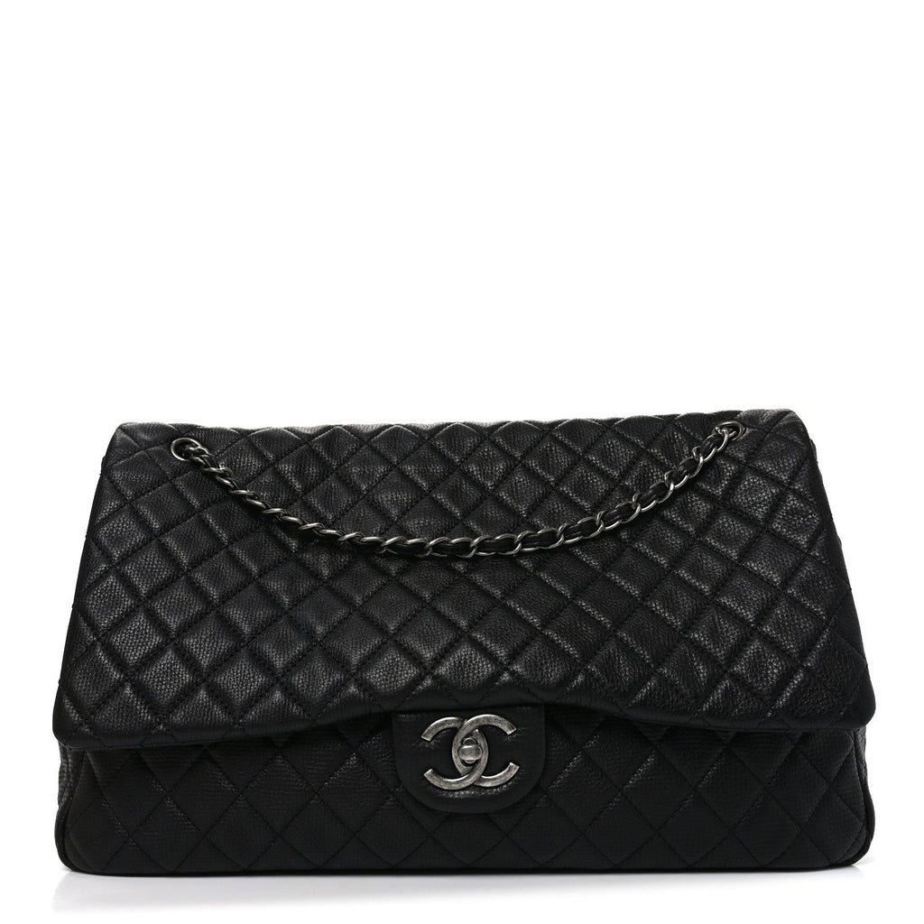 Grained Calfskin Quilted XXL Travel Flap Bag Black