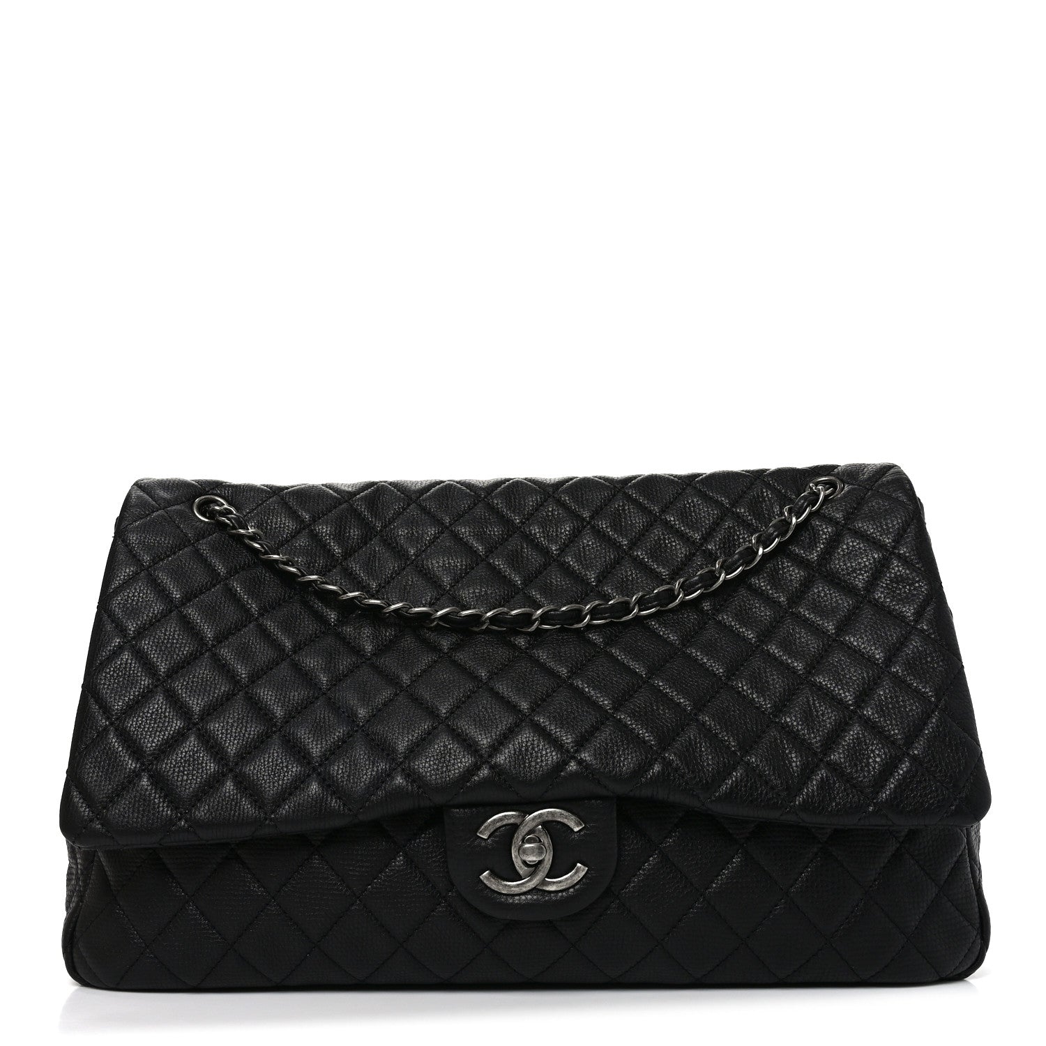 Grained Calfskin Quilted XXL Travel Flap Bag Black