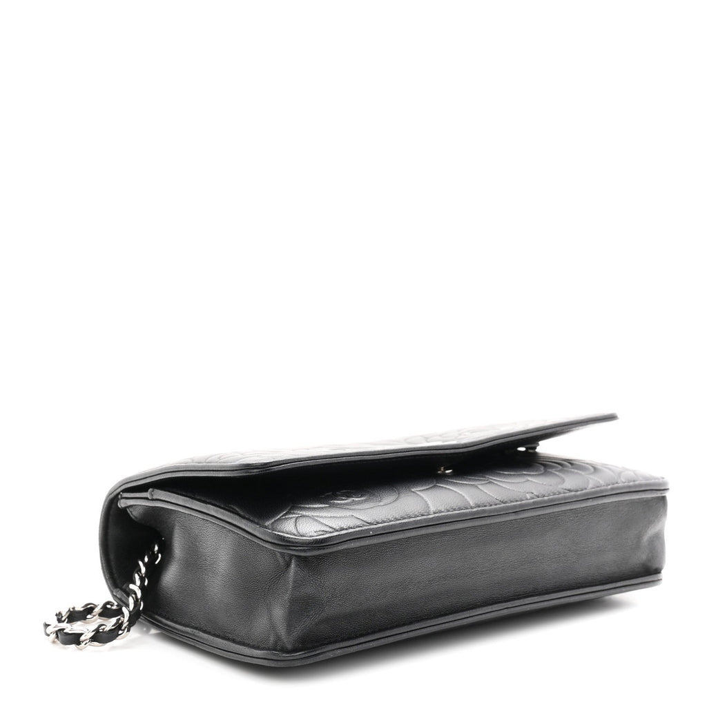Lambskin Camellia Embossed Wallet On Chain WOC Black