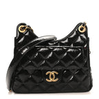 Shiny Crumpled Calfskin Quilted Small Wavy CC Hobo Black