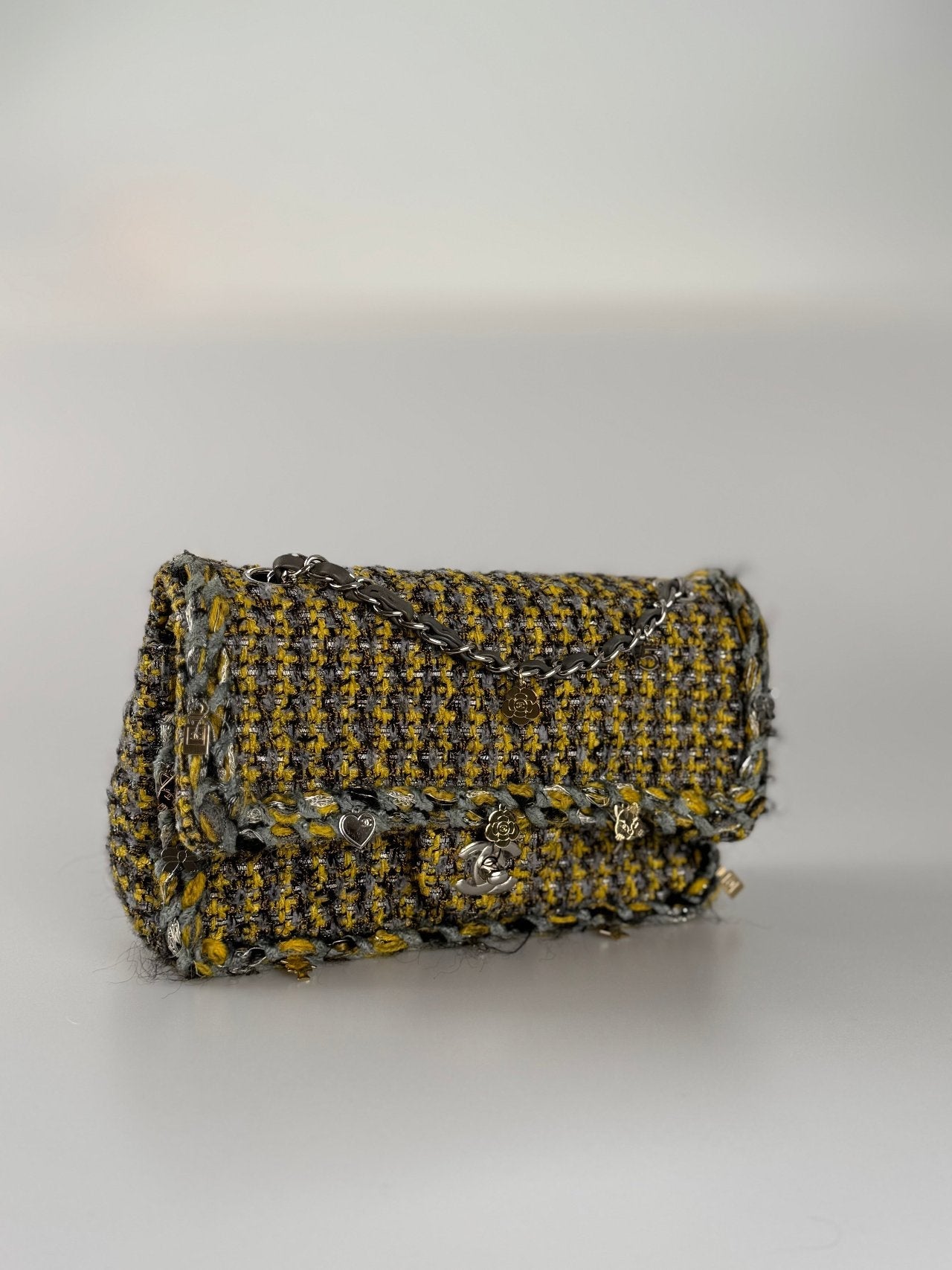 Chanel Tweed Braided Charms Medium Flap Bag Yellow Grey Black
