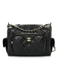 Shiny Crumpled Lambskin Quilted Medium Preppy Pocket Camera Case Black