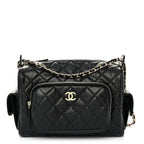 Shiny Crumpled Lambskin Quilted Medium Preppy Pocket Camera Case Black