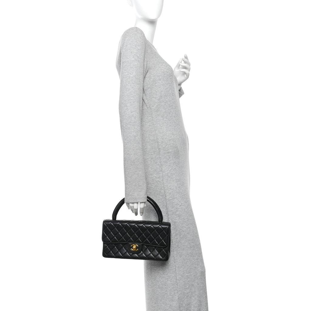 Lambskin Quilted Medium Rectangular Kelly Flap Bag Black